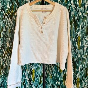 Sincerely Jules Cream Waffle Henley Cropped Sweatshirt